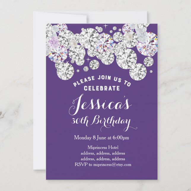 PURPLE diamante elegante, invitación de cumpleaños (Anverso)