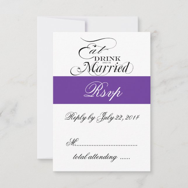 Purple Eat, Drink, Be Married Boda RSVP (Anverso)