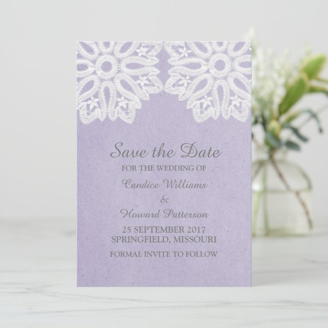 Purple Elegant Lace Guardar la invitación de fecha (Anverso de pie)