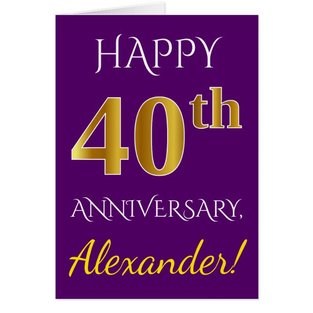 Purple, Faux Gold 40 Aniversario Boda + Nombre (Frente)