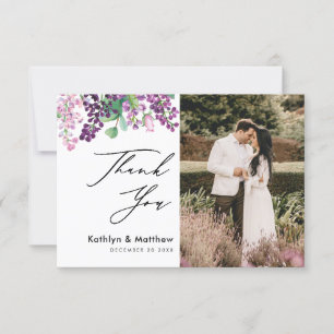Purple Floral Elegant Script Foto Gracias Tarjeta