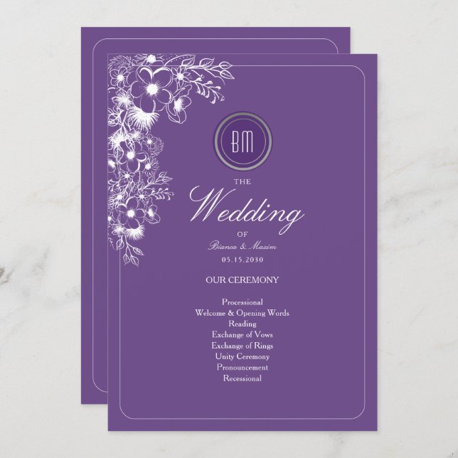 Purple Floral Monogram Wedding Program (Anverso / Reverso)
