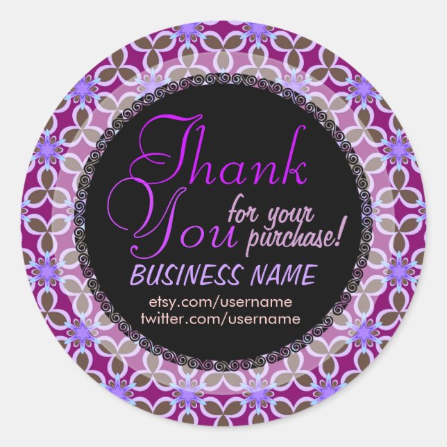 Purple Floral Pattern Business Gracias Pegatina (Anverso)