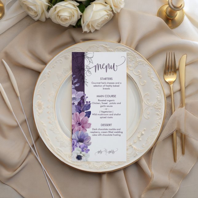 Purple Floral Wedding Menu Card (Subido por el creador)