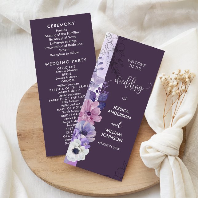 Purple Floral Wedding Program Card (Subido por el creador)