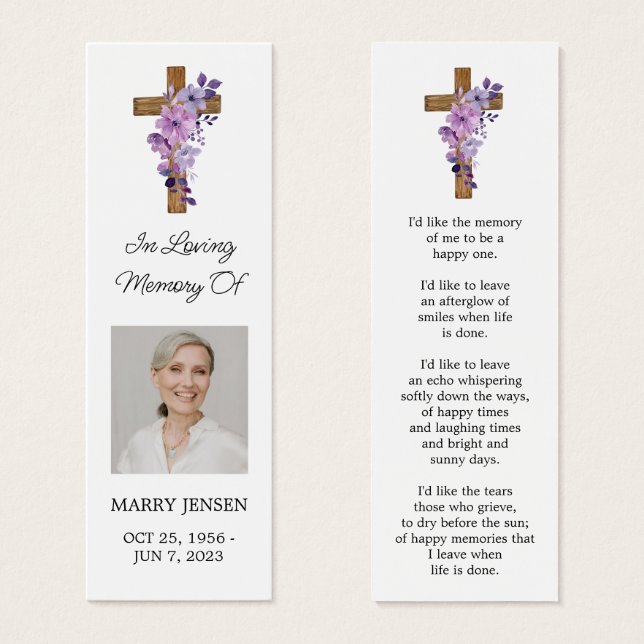 Purple flower Cross Photo Funeral Bookmark (Anverso y reverso)