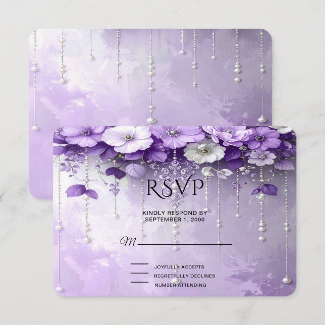 Purple Flowers with Dangling Pearls RSVP Card (Anverso / Reverso)