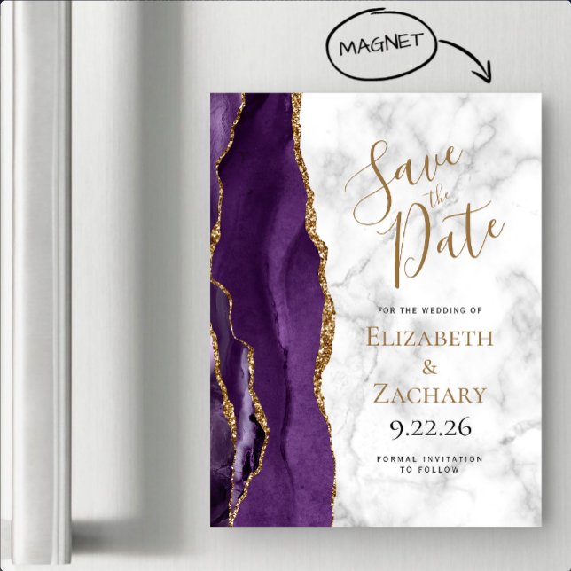 Purple Gold Agate Marble Magnetic Save the Date (Subido por el creador)