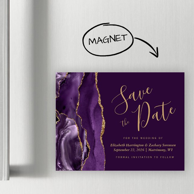 Purple Gold Agate Plum Magnetic Save the Date (Subido por el creador)