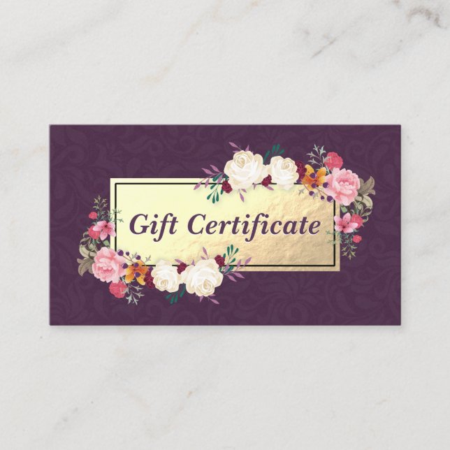 Purple Gold Floral Salon Boutique Gift Certificado (Anverso)