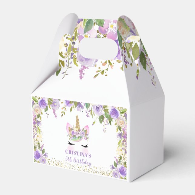 Purple Gold Floral Unicornio Caja de Favor de Cump (Front Side)
