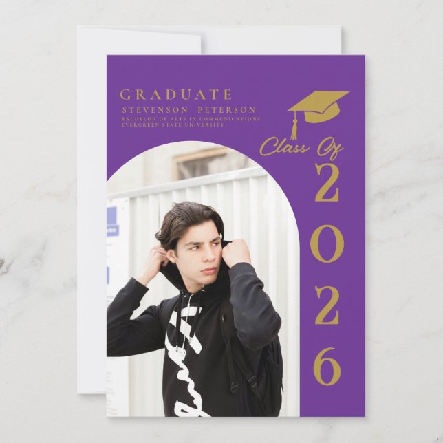 Purple & Gold Photo Graduation announcement (Anverso)