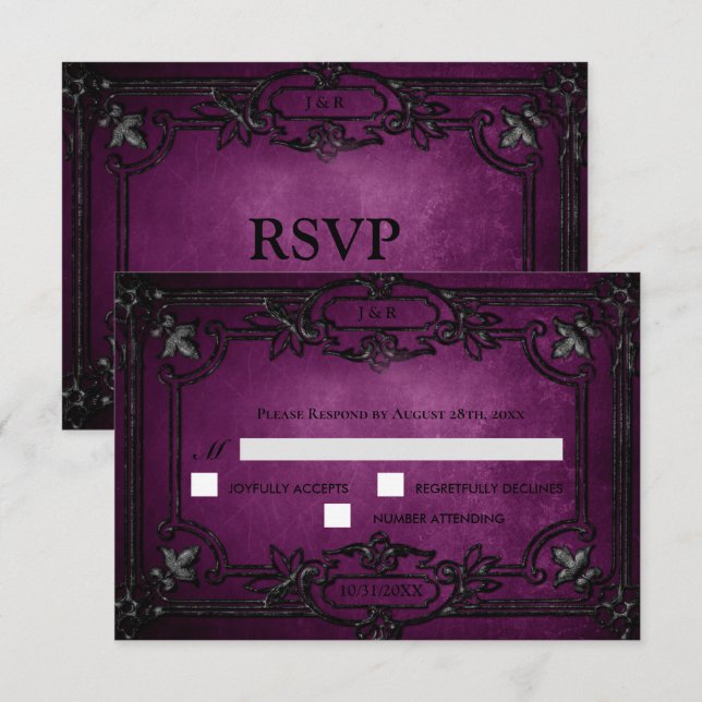 Purple Gothic Halloween Wedding RSVP Card (Anverso / Reverso)