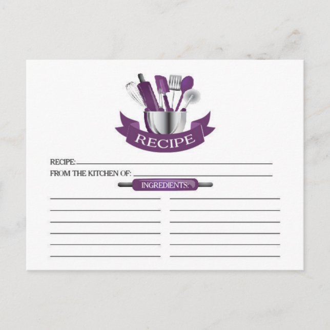 Purple Kitchen Tools Bridal Shower Recipe Tarjetas (Anverso)