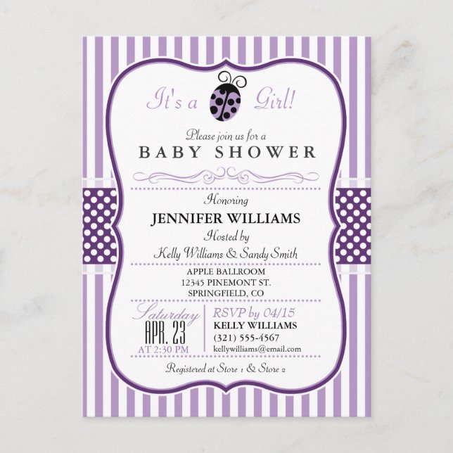 Purple Ladybug; Invitación a Baby Shower Chica (Anverso)