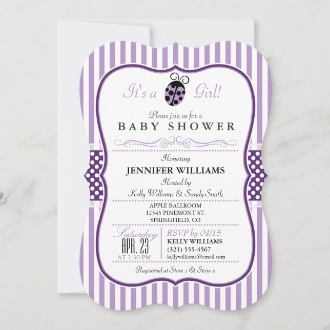 Purple Ladybug; Invitación a Baby Shower Chica (Anverso)