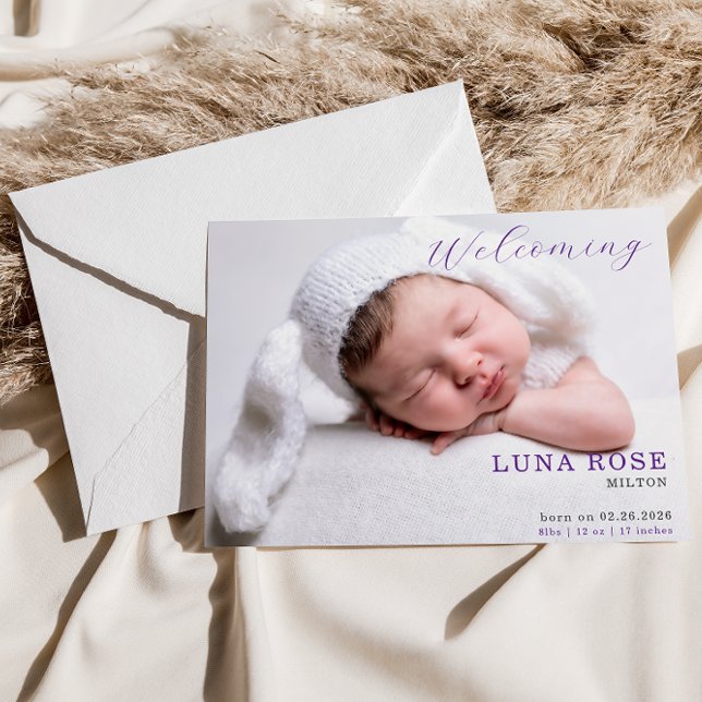 Purple Minimalist Photo Baby Announcement Card (Subido por el creador)