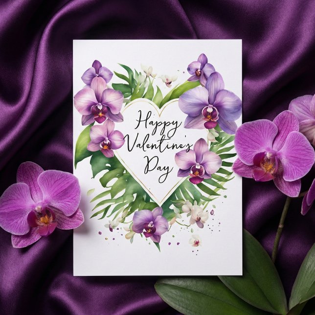 Purple Orchid Watercolor Tropical Valentine's Card (Subido por el creador)