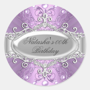Purple Pearl & Diamond Damask Pegatina de cumpleañ
