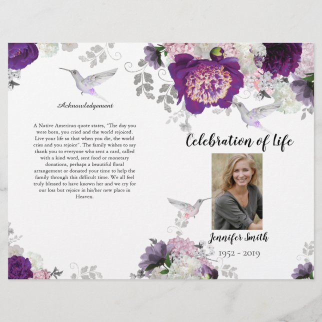 Purple Peony Hummingbird Funeral Program Flyer (Frente)