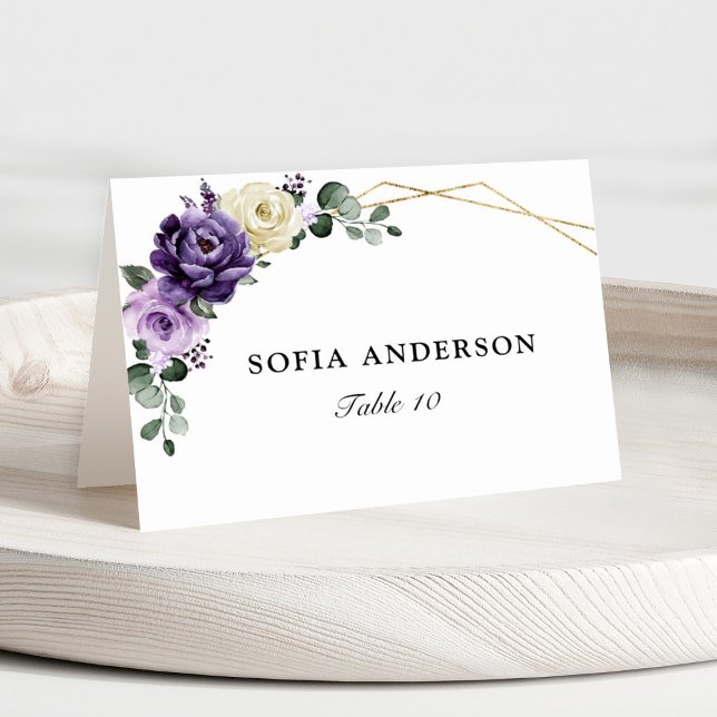 Purple Plum Marfil Gold Tarjeta de bienvenida (Purple floral geometric place card)