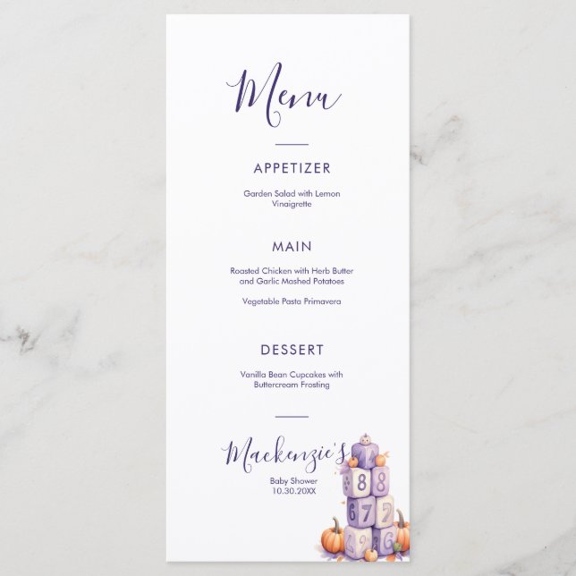 Purple Pumpkin Baby Shower Party Menu (Anverso)