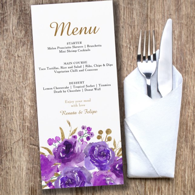 Purple Rose and Gold Leaf Editable 3 Course Menu (Subido por el creador)