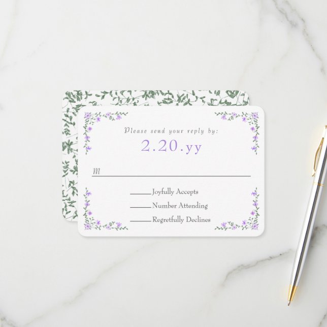 Purple Rose Vine Border Wedding RSVP Card (Anverso/Reverso In Situ)