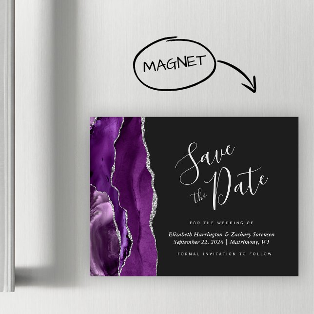 Purple Silver Agate Wedding Save the Date Magnet (Subido por el creador)
