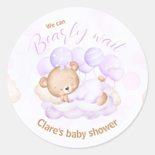 Purple We Can Bearly Wait Pegatinas Baby Shower