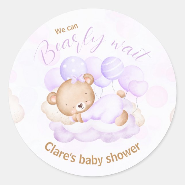 Purple We Can Bearly Wait Pegatinas Baby Shower (Anverso)