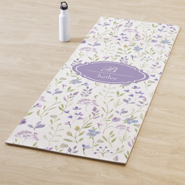 Purple Wildflower Watercolor Custom Name Yoga Mat (In situ)