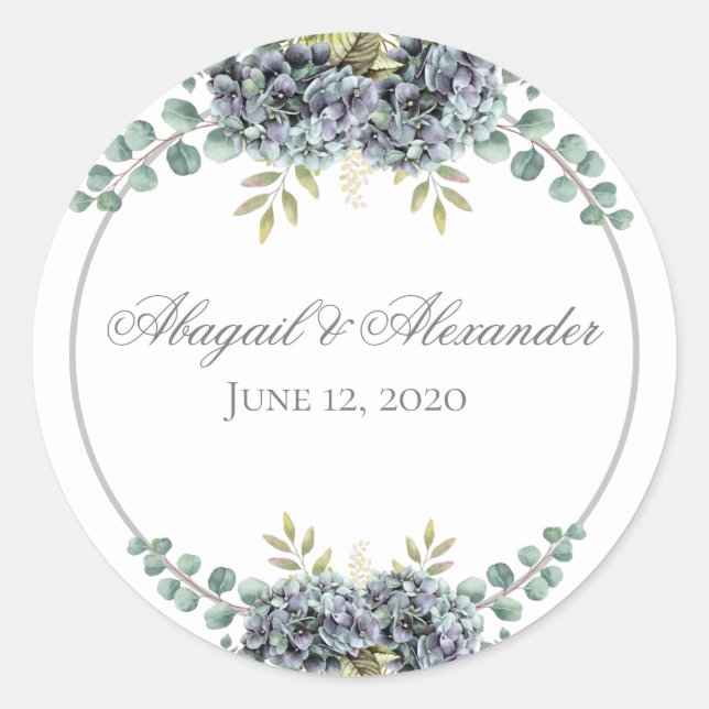 Purplish Hydrangeas Eucalyptus Round Pegatina (Anverso)