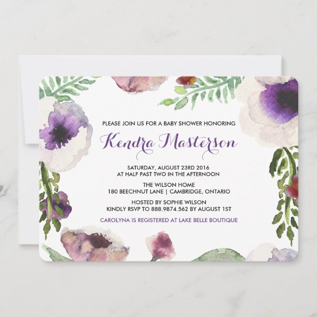 Púrpura acuarela Anemone Invitación Baby Shower (Anverso)