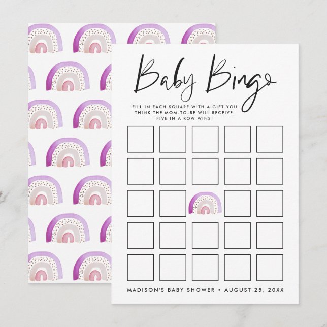 Púrpura acuarela Rainbow Baby Shower Bingo Card (Anverso / Reverso)