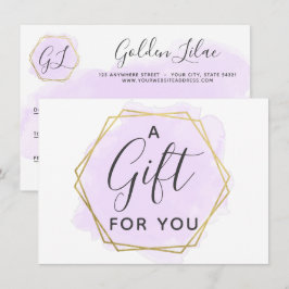 Púrpura acuarela y tarjeta de regalo de oro