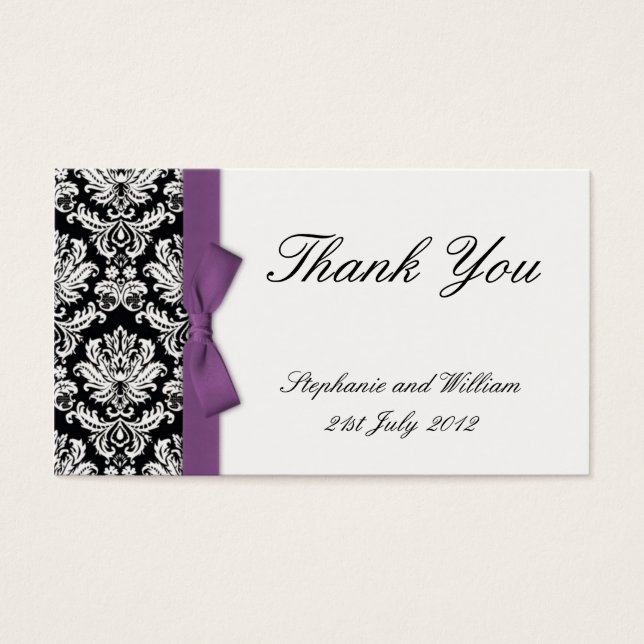 Púrpura Bow Damask Gracias Cartas (Frente)