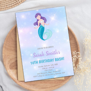 Púrpura brillo Sirena Invitaciones de cumpleaños