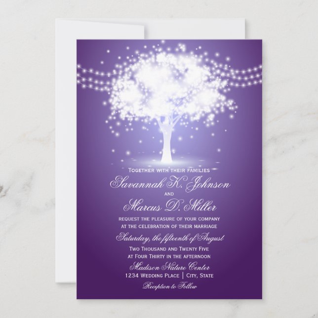 Púrpura Cadena de árbol ilumina invitaciones de ma (Anverso)