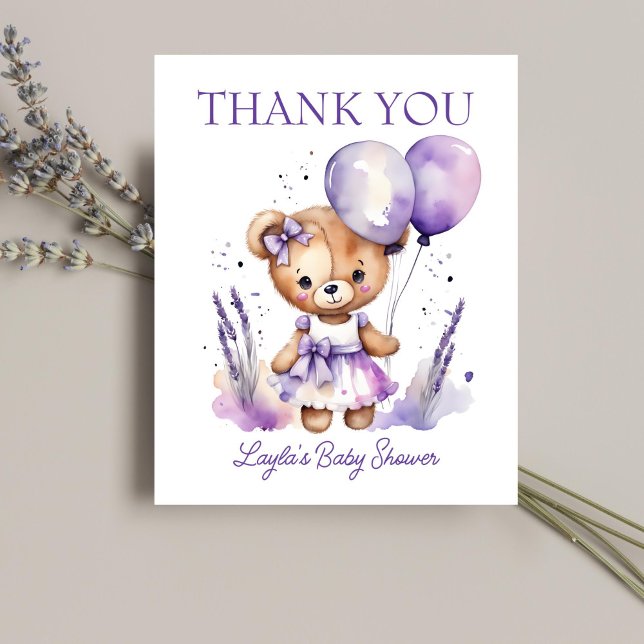Púrpura chica osito de peluche ducha bebé tarjeta  (Girl teddy bear baby shower thank you card cute teddy bear with a purple dress balloons thank you)