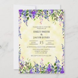 Púrpura color de agua en la invitación a la boda a