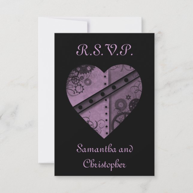 Púrpura corazón RSVP boda elegante (Anverso)