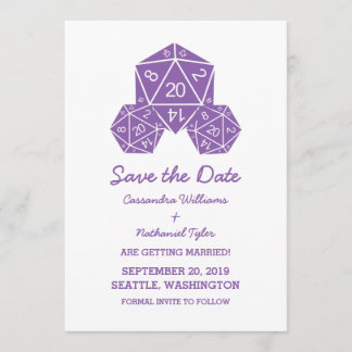 Púrpura D20 dados Guardar la invitación de fecha
