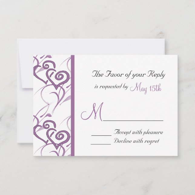 Púrpura Doble Corazón Swirl Vines Wedding RSVP (Anverso)