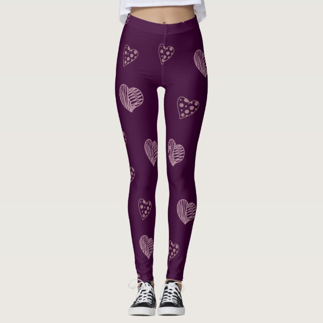 Púrpura Doodle Hearts Leggings (Anverso)