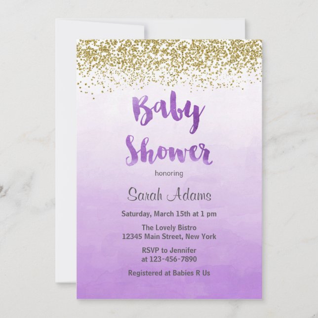 Púrpura e invitación de Baby Shower del oro (Anverso)