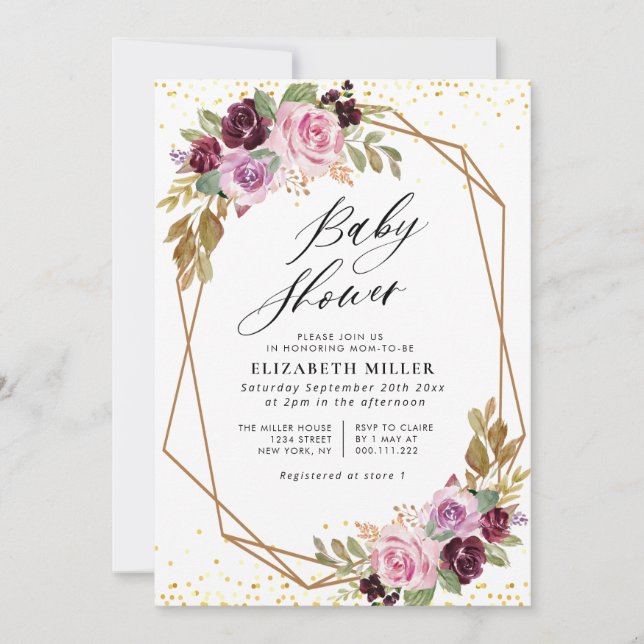 Púrpura escritura floral invitación a la ducha beb (Anverso)