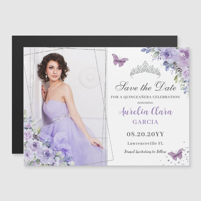 Púrpura Floral Lilac Quinceañera 16 Salven la fech (Anverso/Reverso)