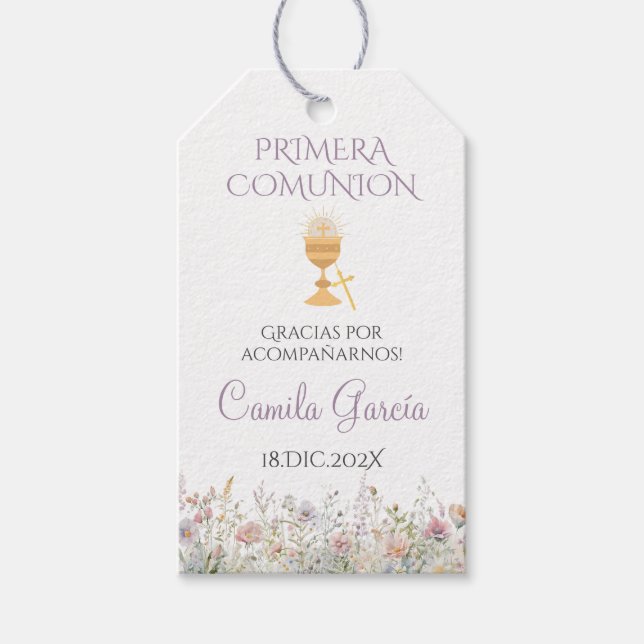 Púrpura Floral Primera etiqueta de regalo de la Co (Anverso)