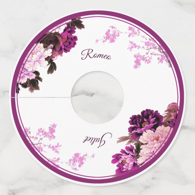 Púrpura Floral Ring Boda Vino Vidrio Etiqueta (Anverso)